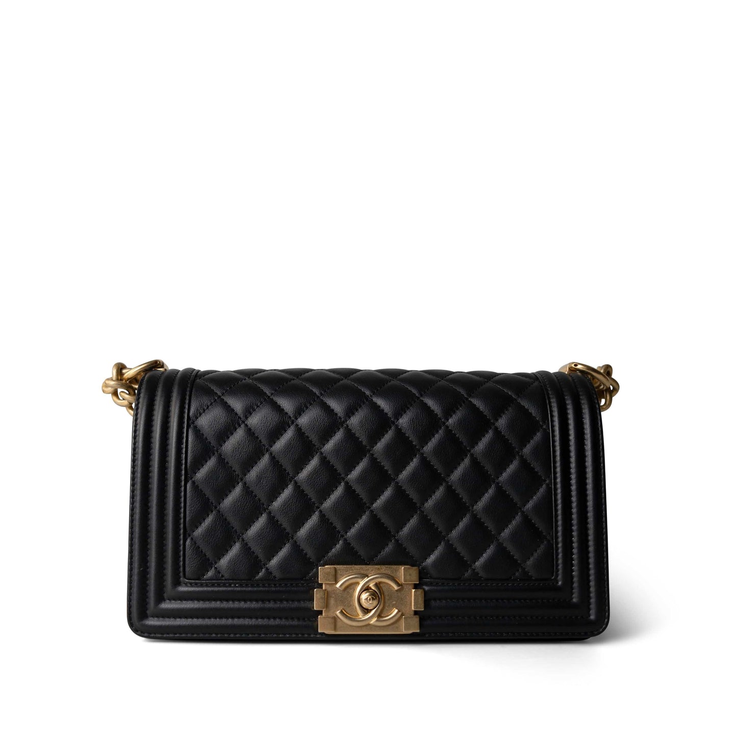 Black Calfskin Quilted Old Medium Boy Bag Aged Gold Hardware