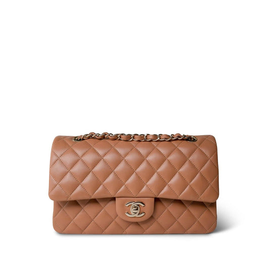 21P Caramel Lambskin Quilted Classic Flap Medium LGHW
