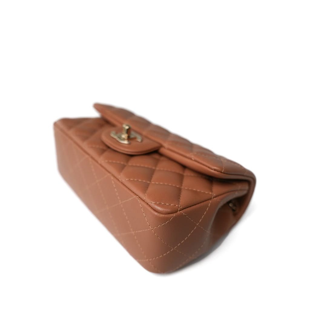 22S Caramel Lambskin Quilted Mini Rectangular Flap Light Gold Hardware