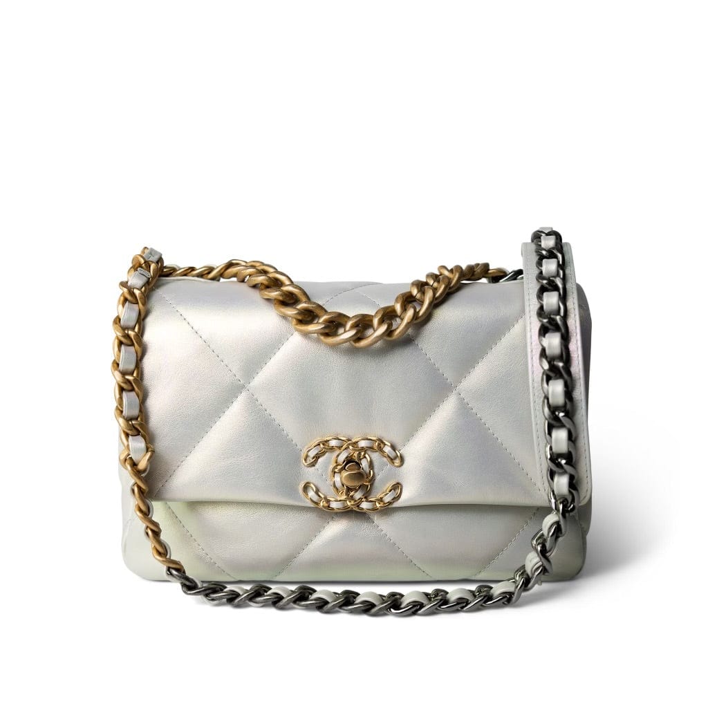 21P Iridescent White Lambskin Quilted 19 Flap Small Mixed Hardware