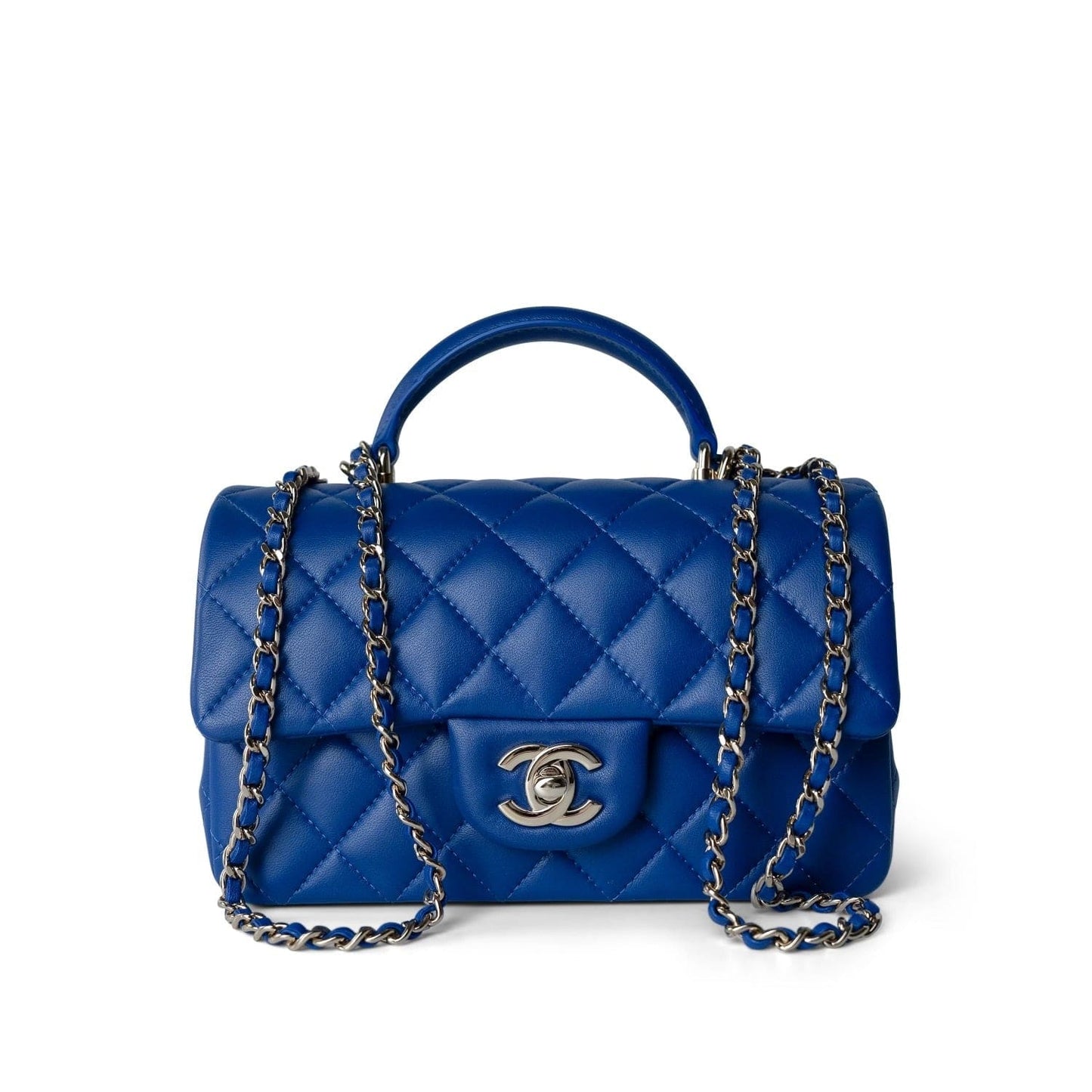 Blue Lambskin Quilted Mini Top Handle Light Gold Hardware
