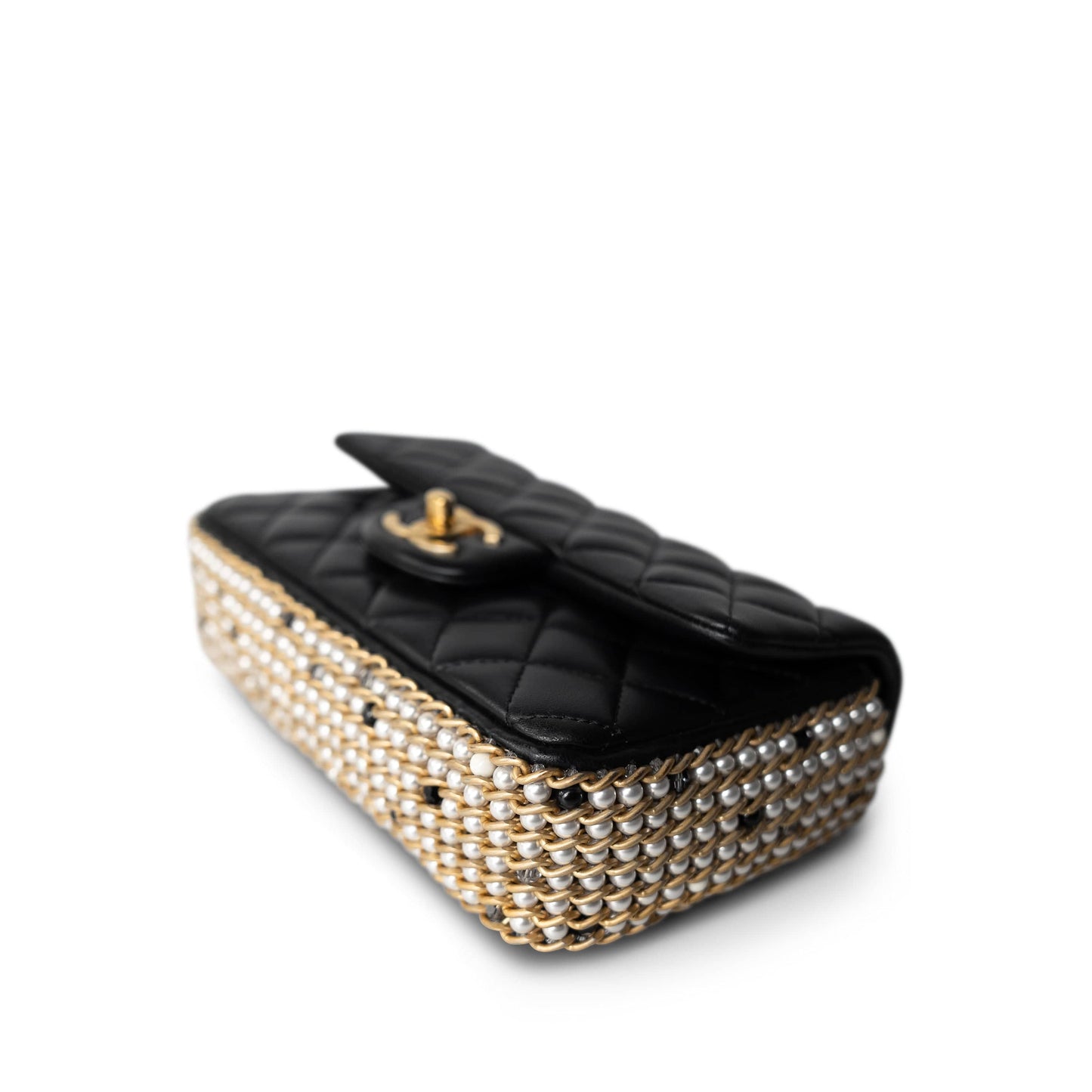 Black Lambskin Quilted Mini River of Pearls Flap Bag Aged Gold Hardware
