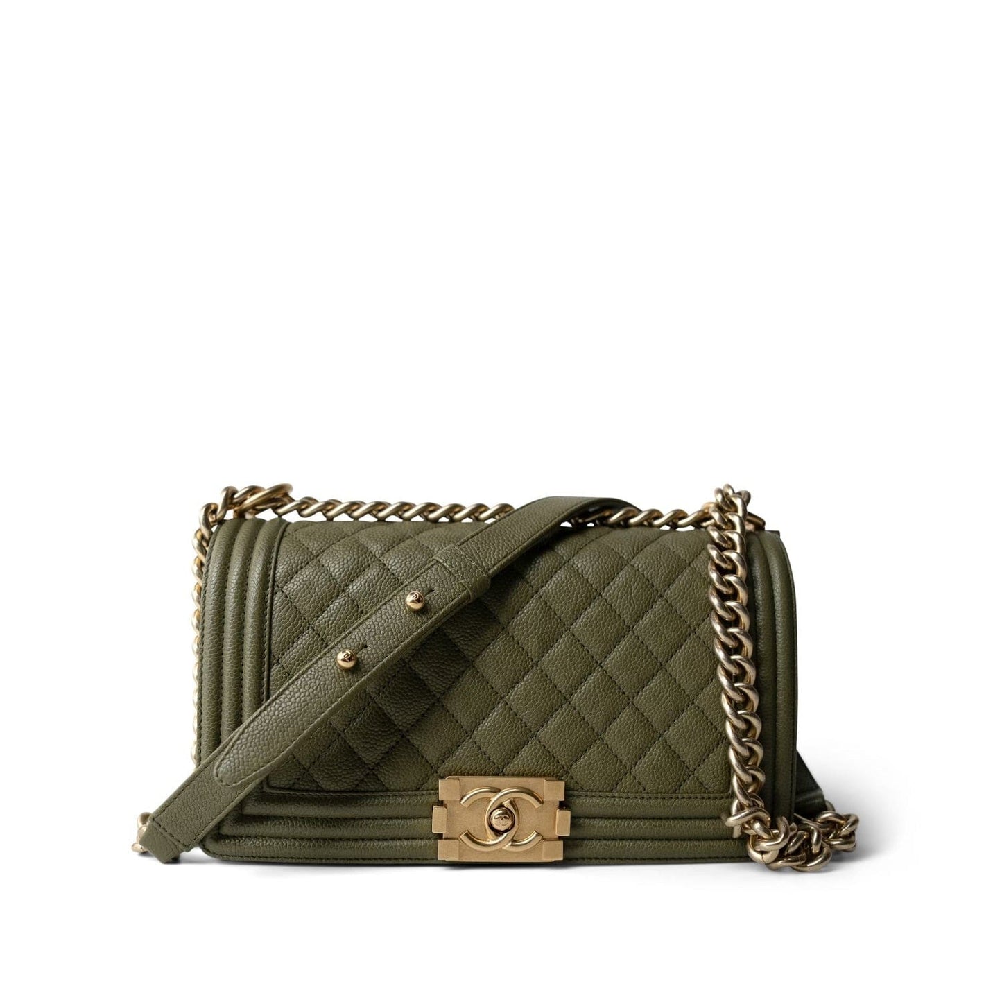 Khaki Caviar Quilted Old Medium Boy Bag Aged Gold Hardware