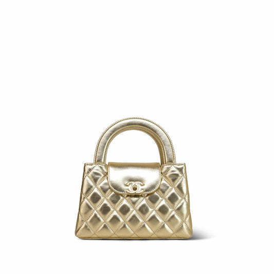 Metallic Gold Aged Calfskin Quilted Nano Kelly Shopper AGHW