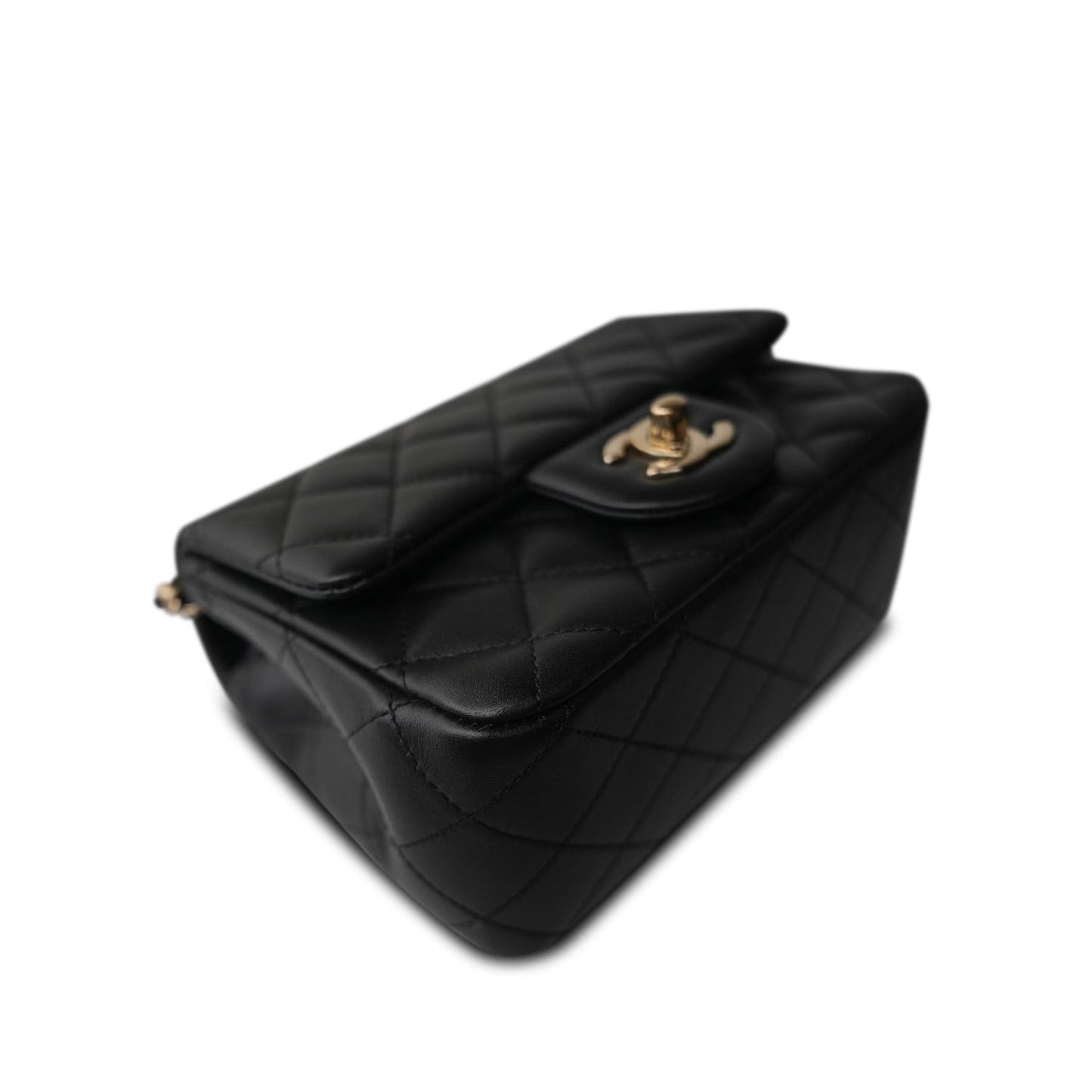 Black Lambskin Quilted Pearl Crush Mini Square Flap Light Gold Hardware