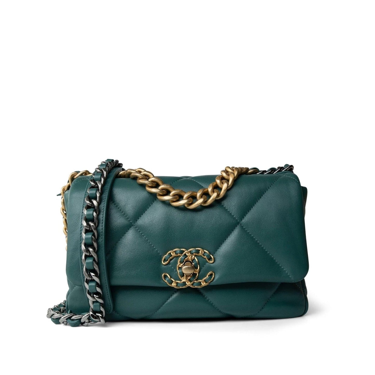 21A Dark Green Lambskin Quilted 19 Flap Small Mixed Hardware