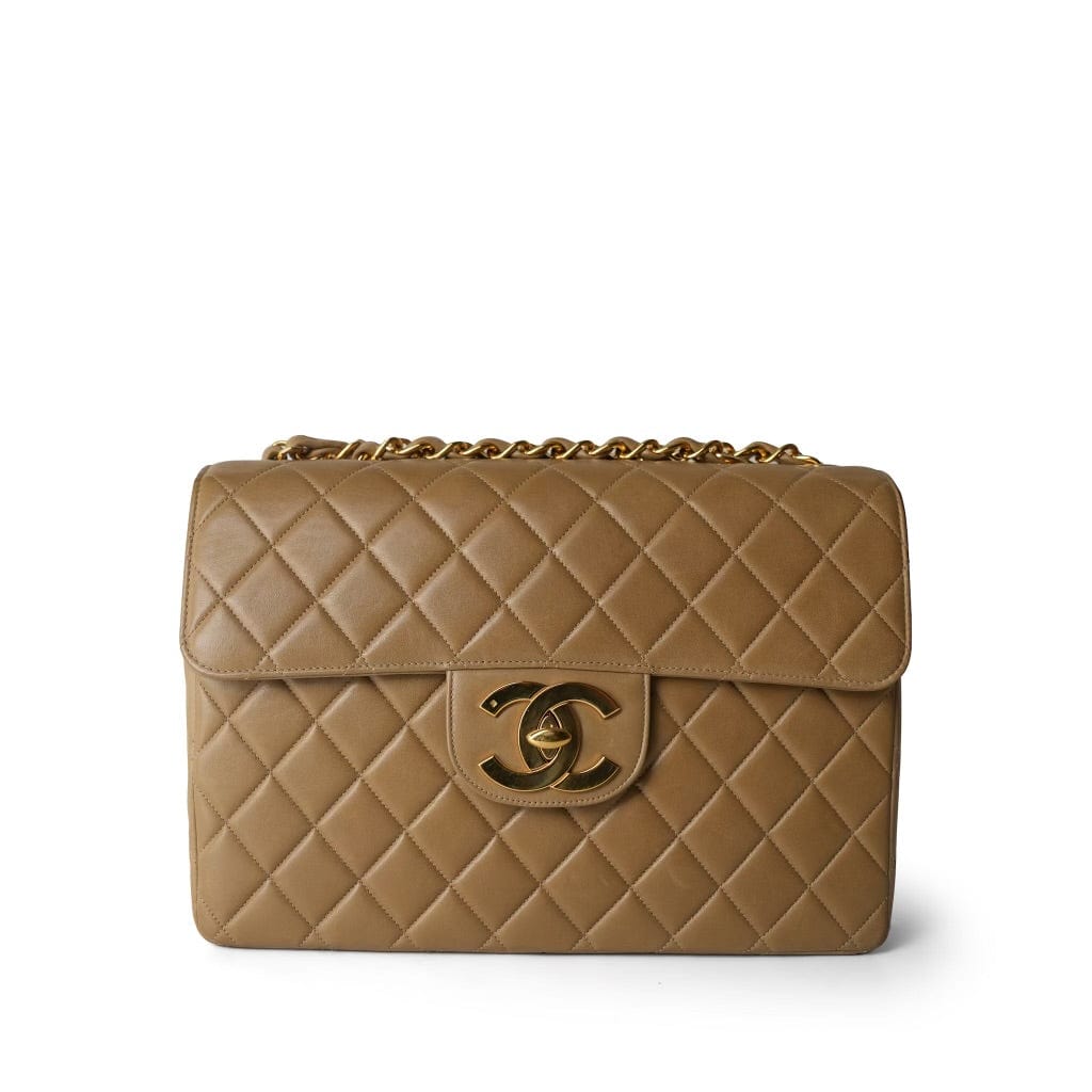 Vintage Dark Beige Lambskin Quilted Classic Single Flap Jumbo GHW