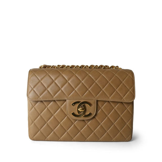 Vintage Dark Beige Lambskin Quilted Classic Single Flap Jumbo GHW