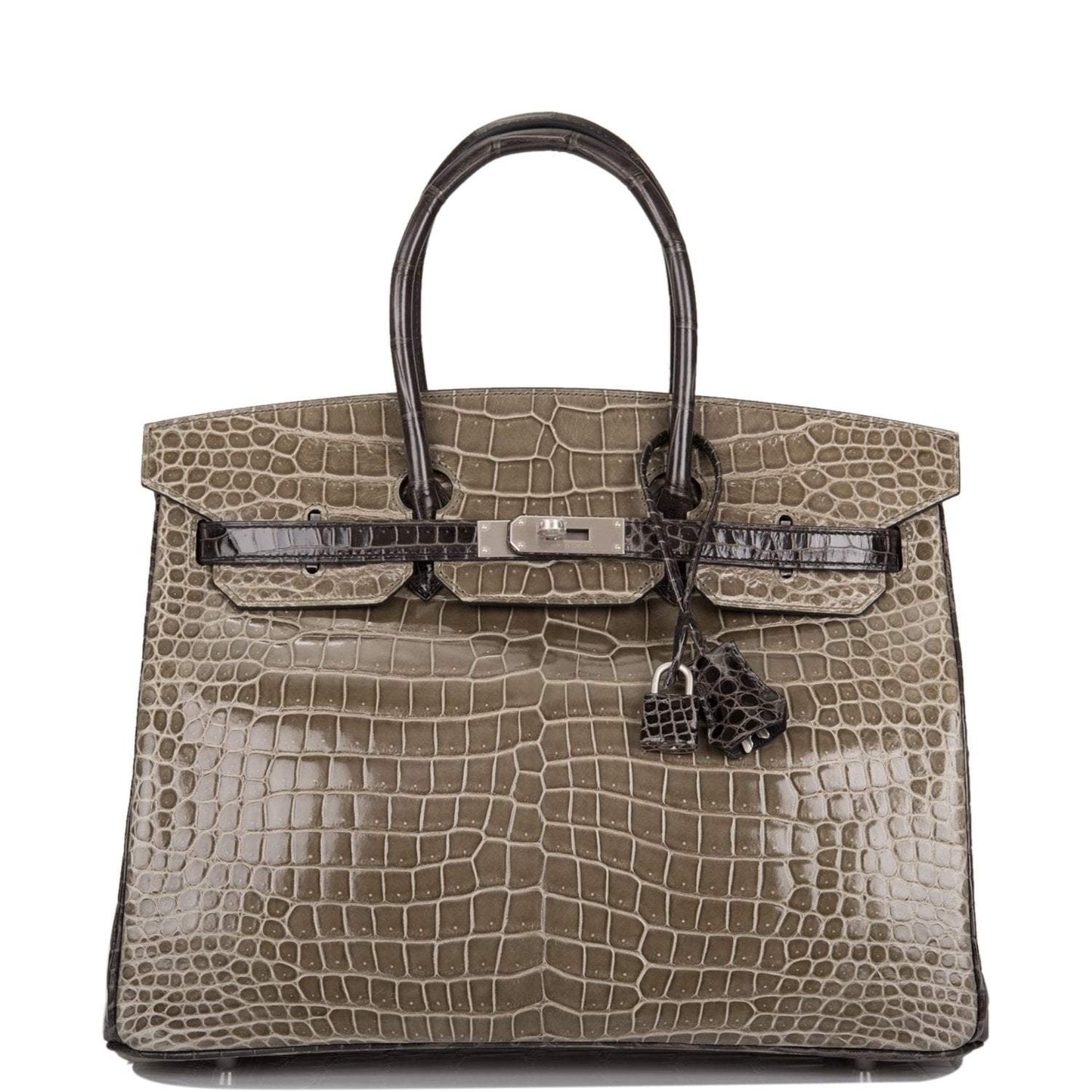 Hermes  Birkin 35cm Bi-Color Gris Tourterelle and Graphite Shiny Porosus Crocodile Brushed Palladium Hardware