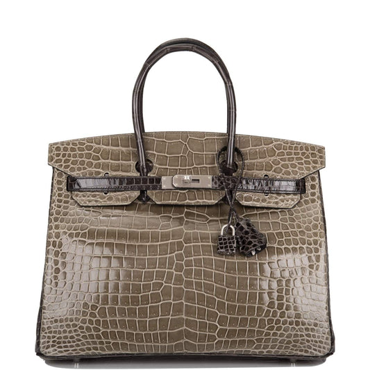 Hermes  Birkin 35cm Bi-Color Gris Tourterelle and Graphite Shiny Porosus Crocodile Brushed Palladium Hardware
