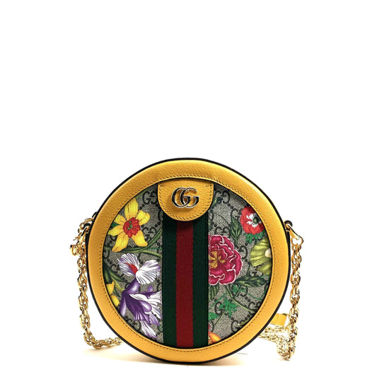 GUCCI Yellow Ophidia GG Flora Mini Round Shoulder Bag