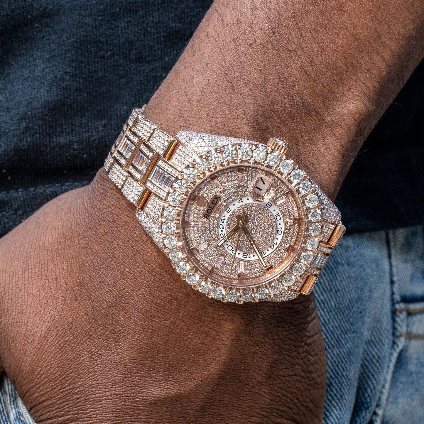 Rolex Sky-Dweller 18K Rose Gold | Fully Iced Out Baguette And Round Diamonds  | 42 MM | 35 Carats