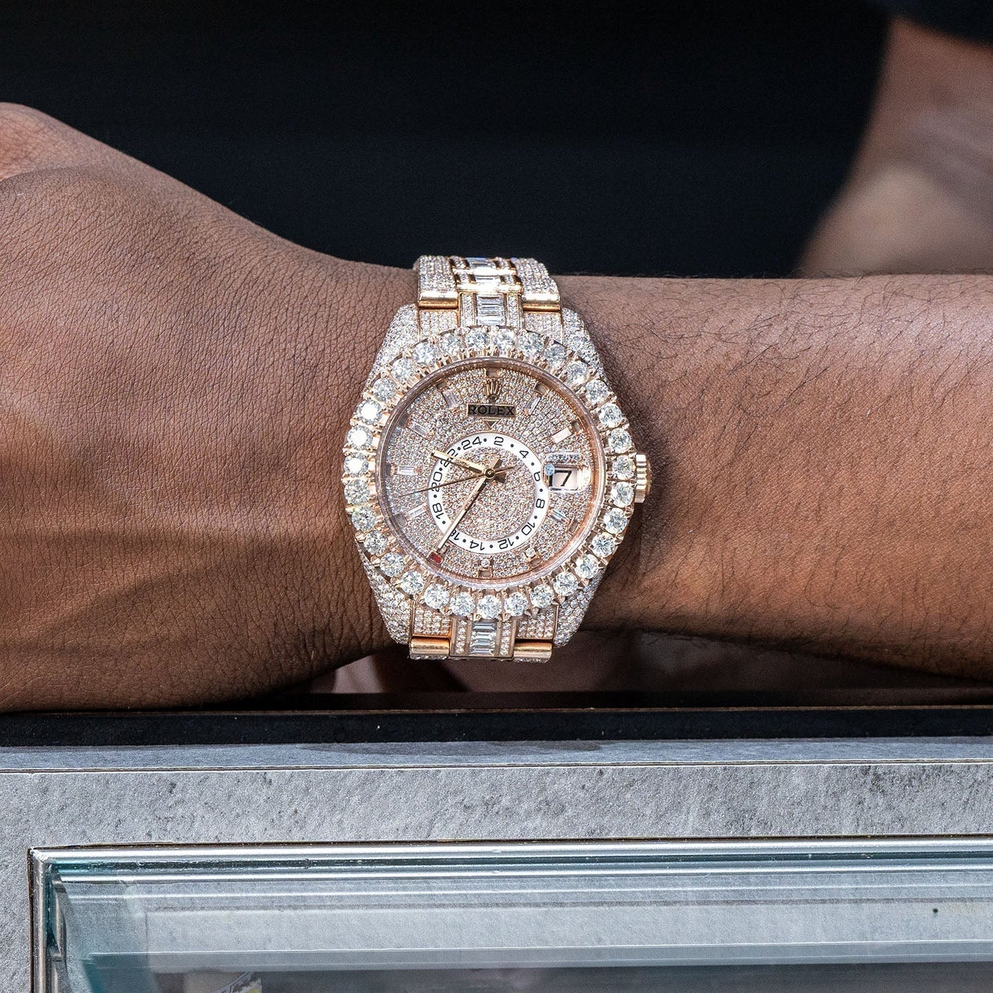 Rolex Sky-Dweller 18K Rose Gold | Fully Iced Out Baguette And Round Diamonds  | 42 MM | 35 Carats