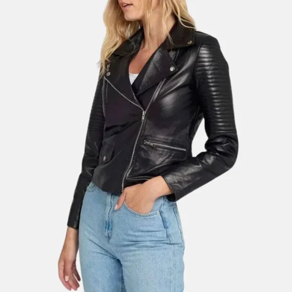 Black Quilted Leather Women Biker Jacket