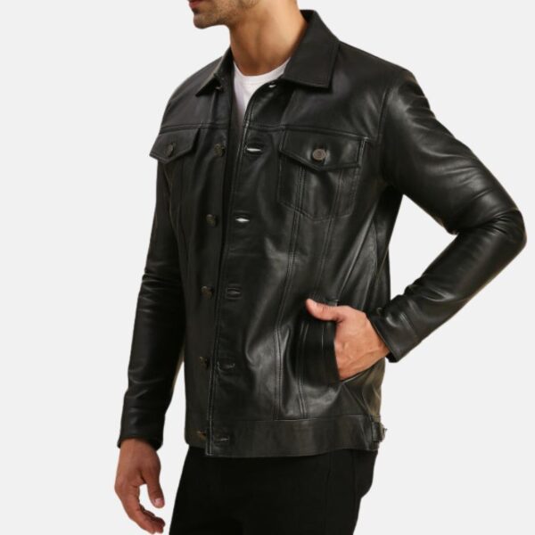 Black Trucker Leather Jacket Mens Casual Tom