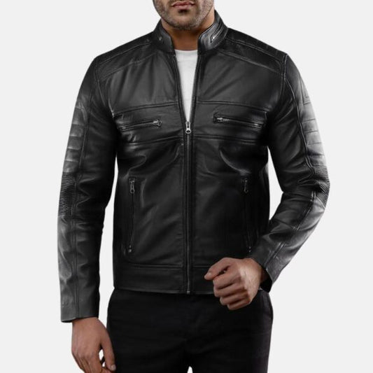 Cafe Racer Black Leather Jacket Mens