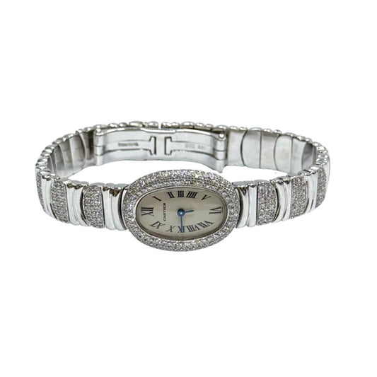 Cartier Baignoire Mini 18K White Gold Factory Diamond Bezel & Bracelet WB5095EA 2369