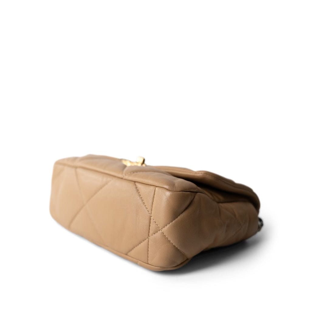 Dark Beige Goatskin Quilted 19 Flap Small Aged Gold Hardware