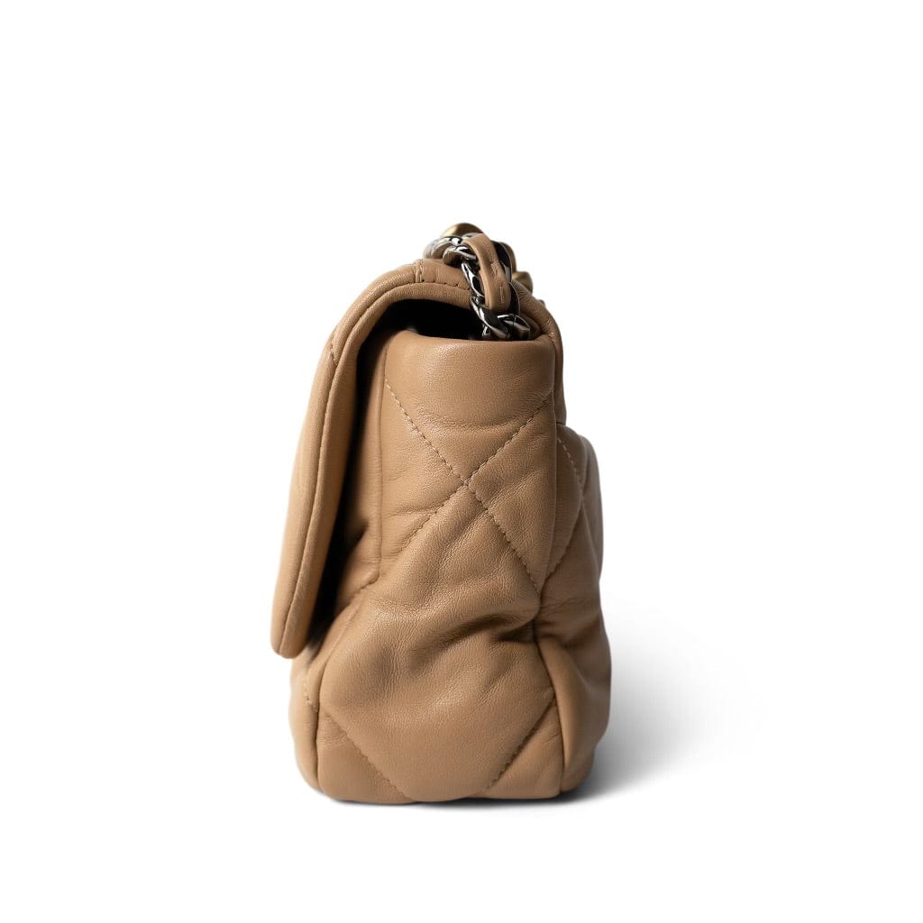 Dark Beige Goatskin Quilted 19 Flap Small Aged Gold Hardware