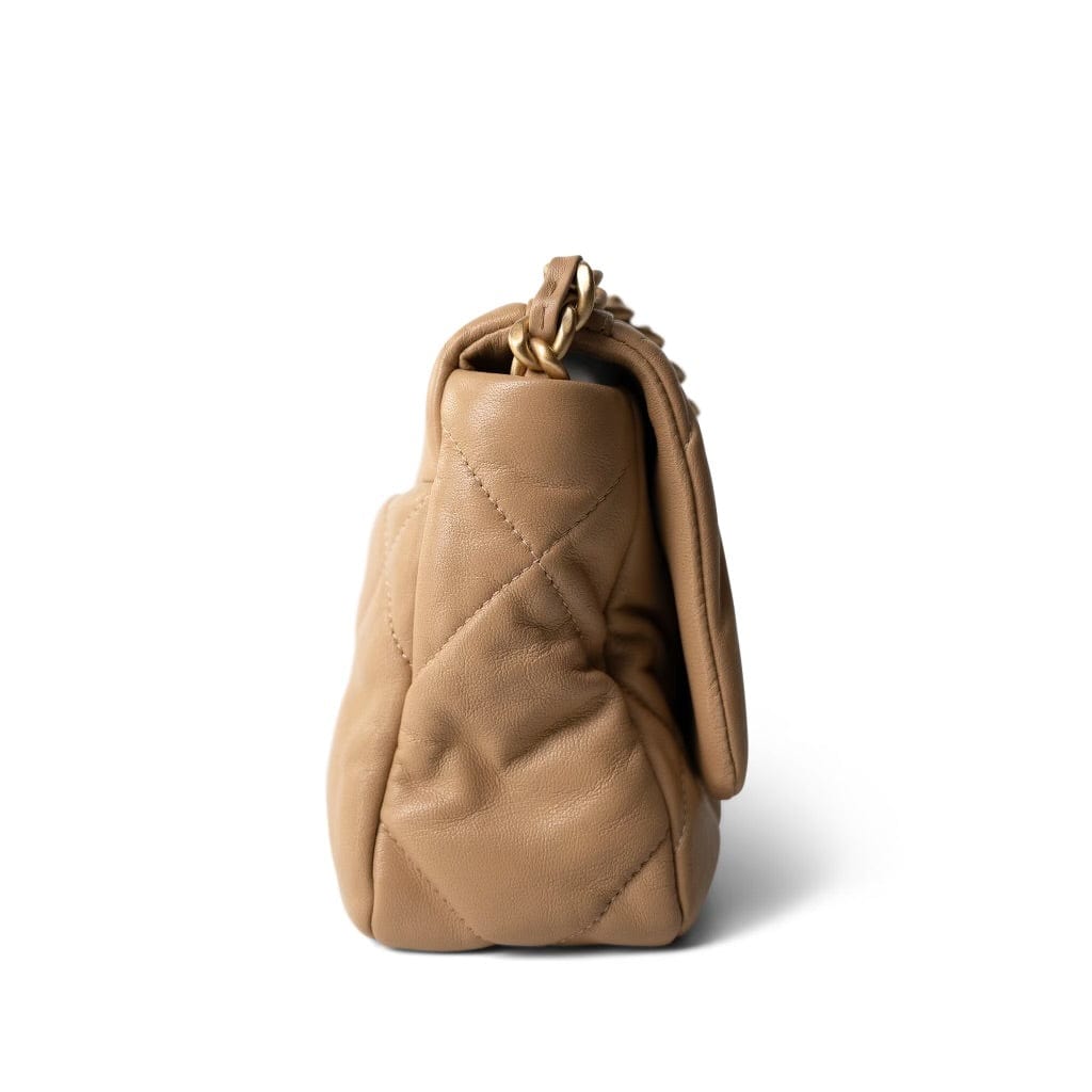 Dark Beige Goatskin Quilted 19 Flap Small Aged Gold Hardware