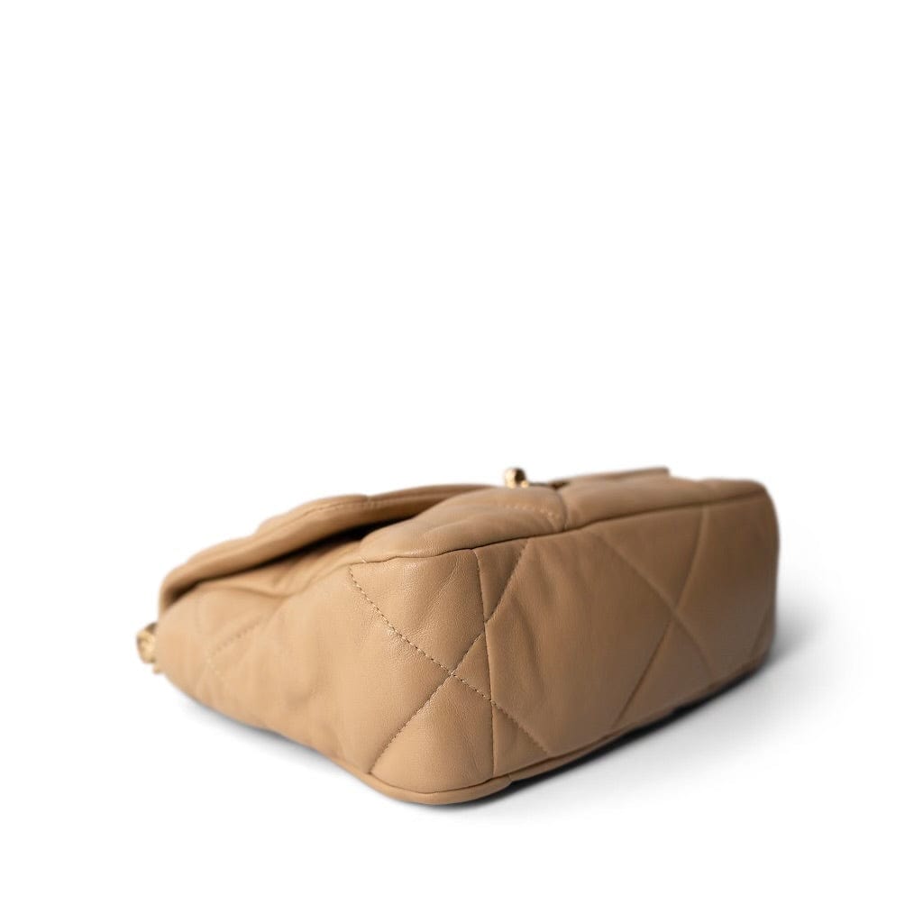 Dark Beige Goatskin Quilted 19 Flap Small Aged Gold Hardware