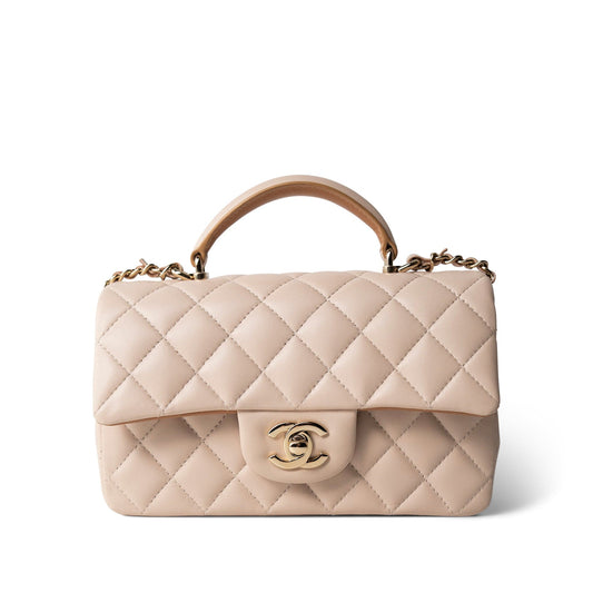 Light Beige / Beige Lambskin Quilted Mini Top Handle Light Gold Hardware
