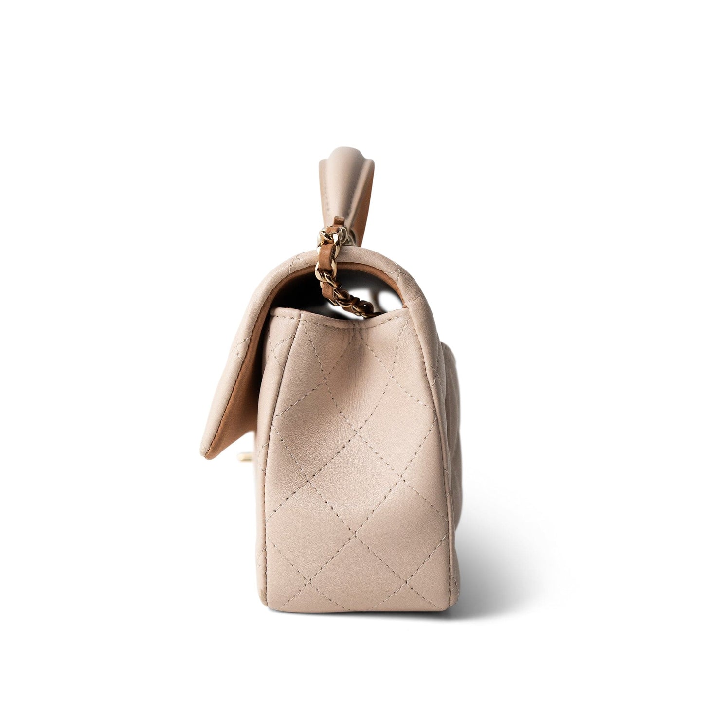 Light Beige / Beige Lambskin Quilted Mini Top Handle Light Gold Hardware