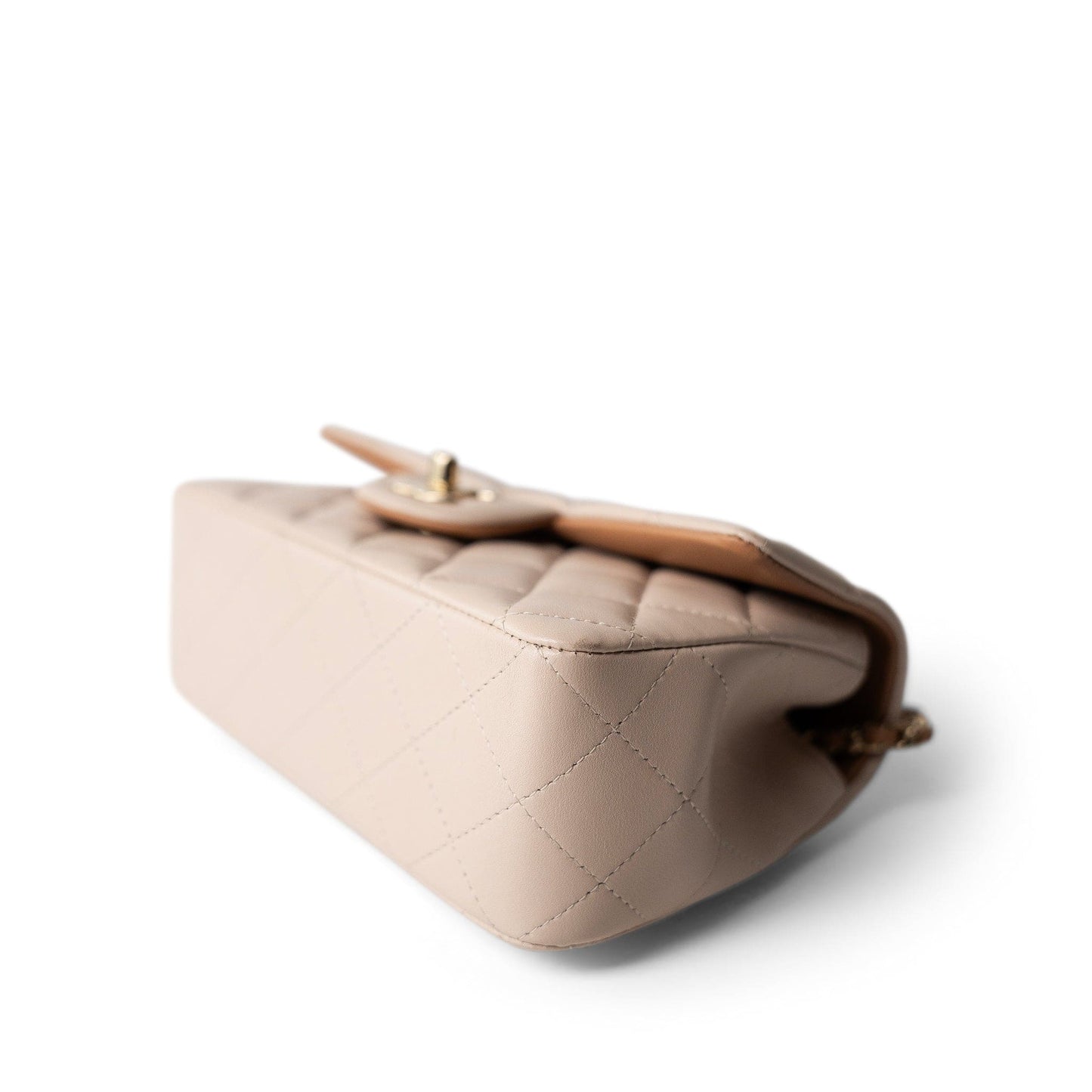 Light Beige / Beige Lambskin Quilted Mini Top Handle Light Gold Hardware