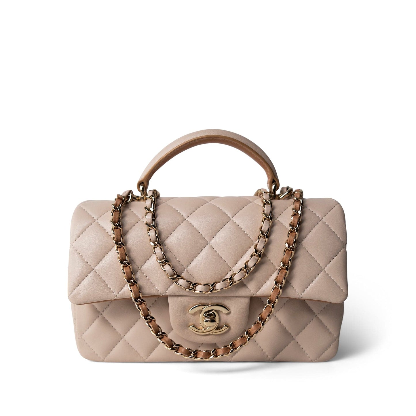 Light Beige / Beige Lambskin Quilted Mini Top Handle Light Gold Hardware