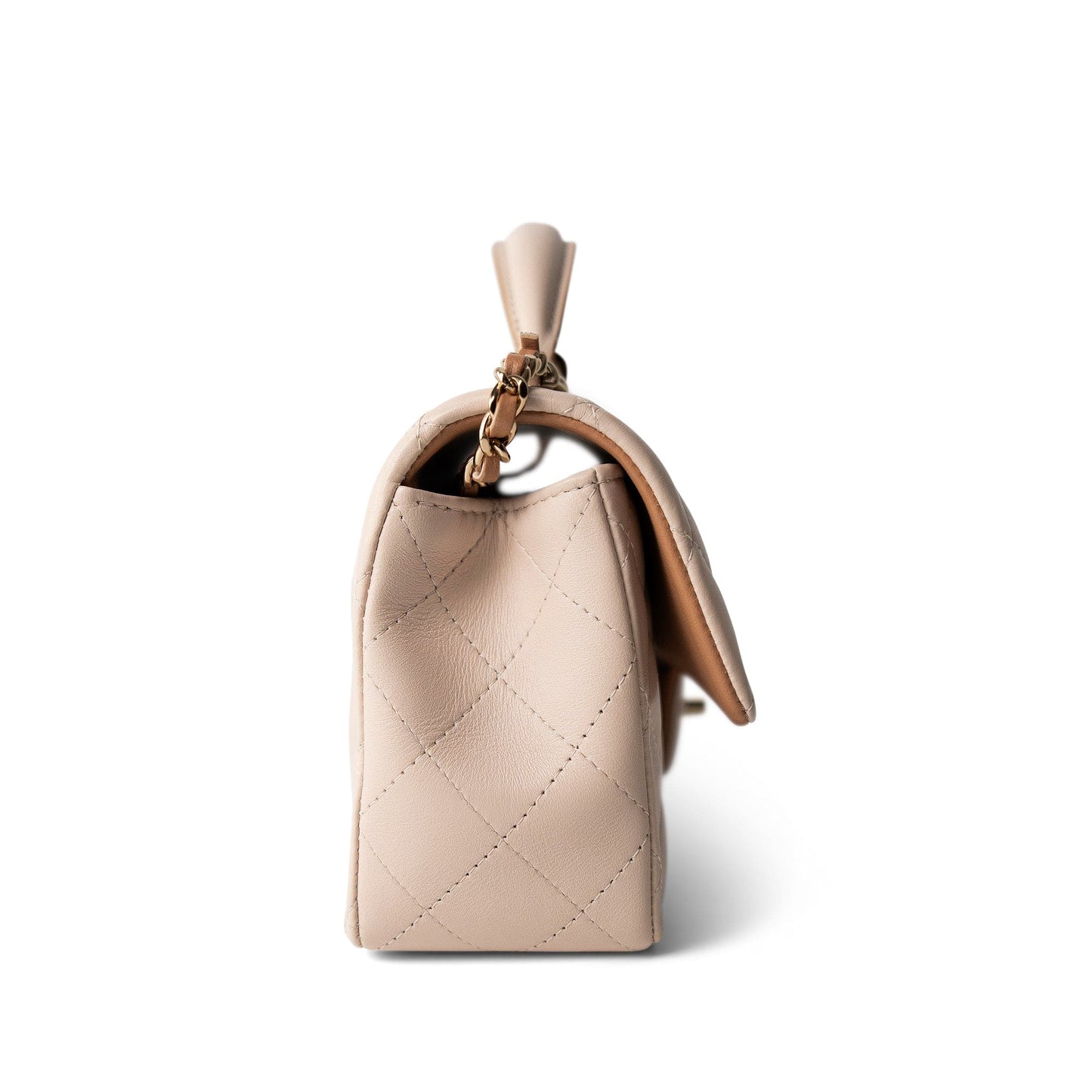 Light Beige / Beige Lambskin Quilted Mini Top Handle Light Gold Hardware