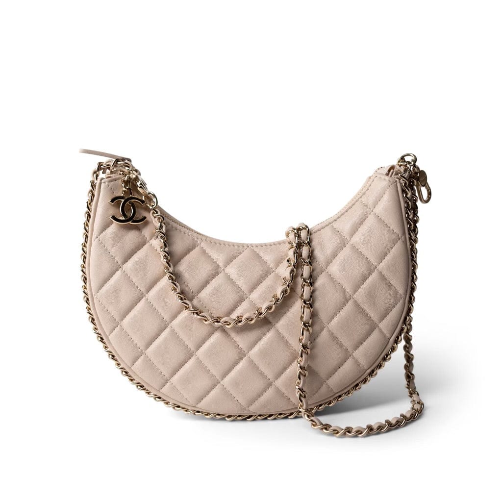 Light Beige Small Lambskin Quilted Hobo Bag