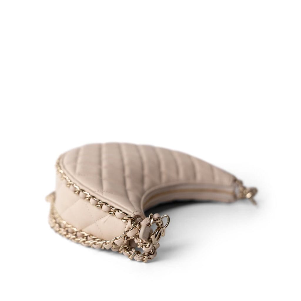 Light Beige Small Lambskin Quilted Hobo Bag