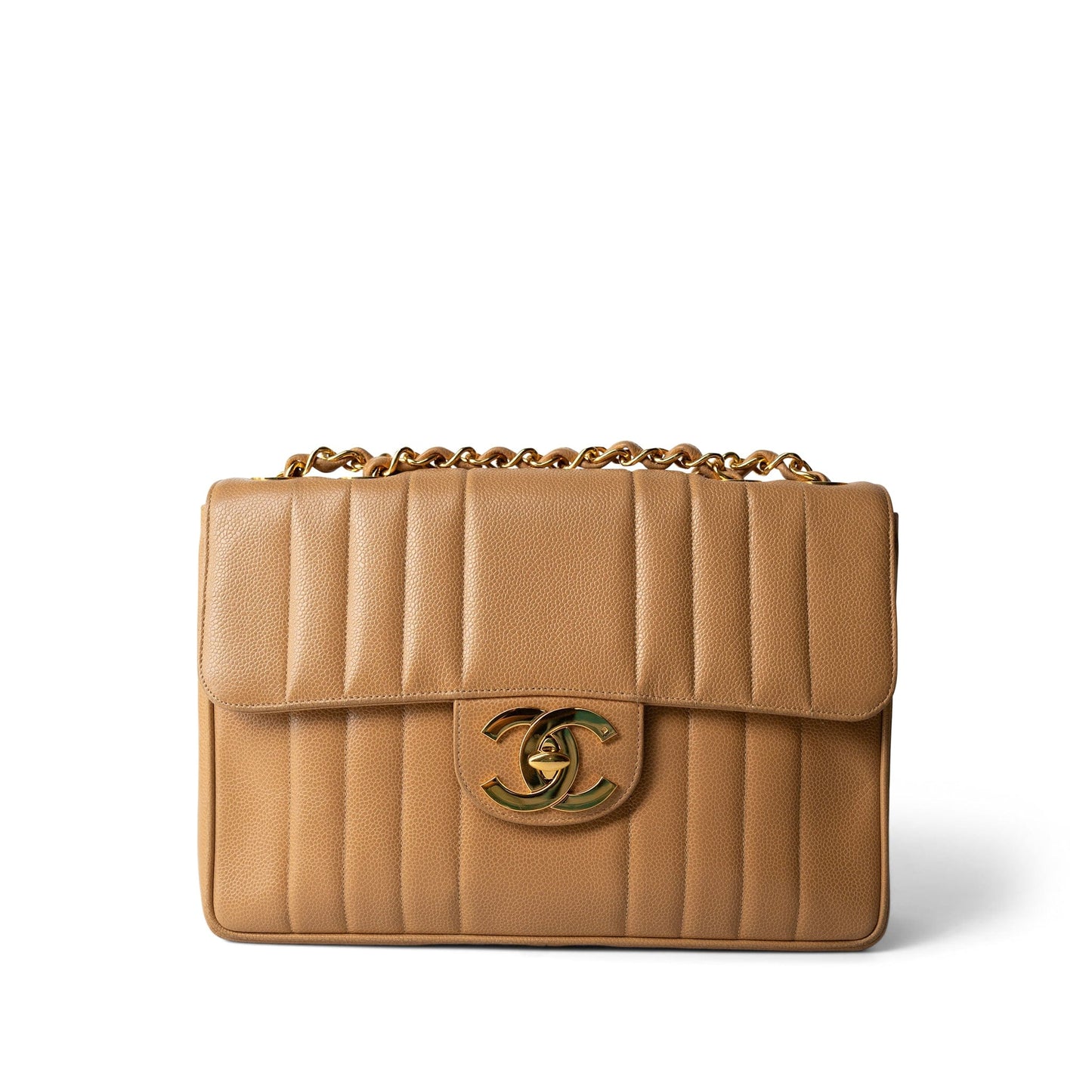 Vintage Mademoiselle Beige Caviar Vertical Flap Jumbo Gold Hardware