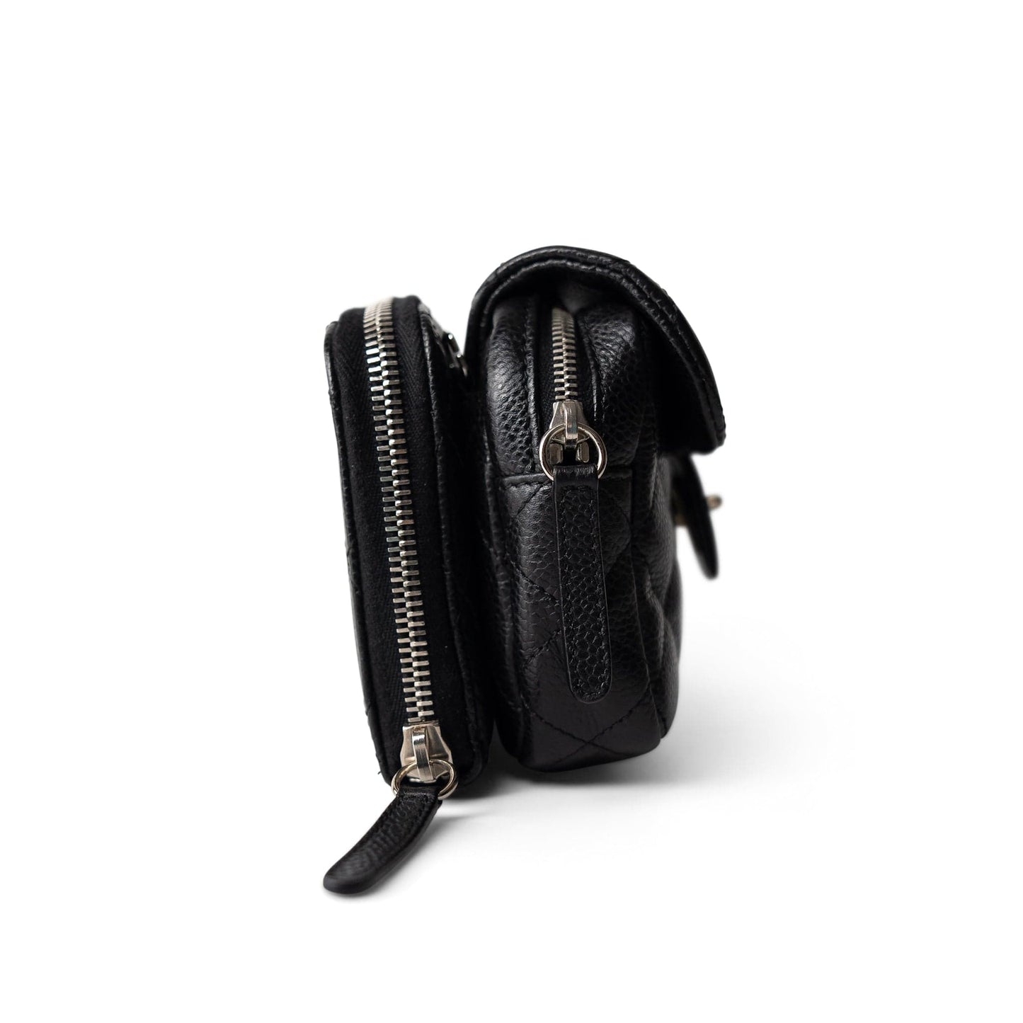 12C Black Caviar Quilted Mini Dual Zipper Case Silver Hardware