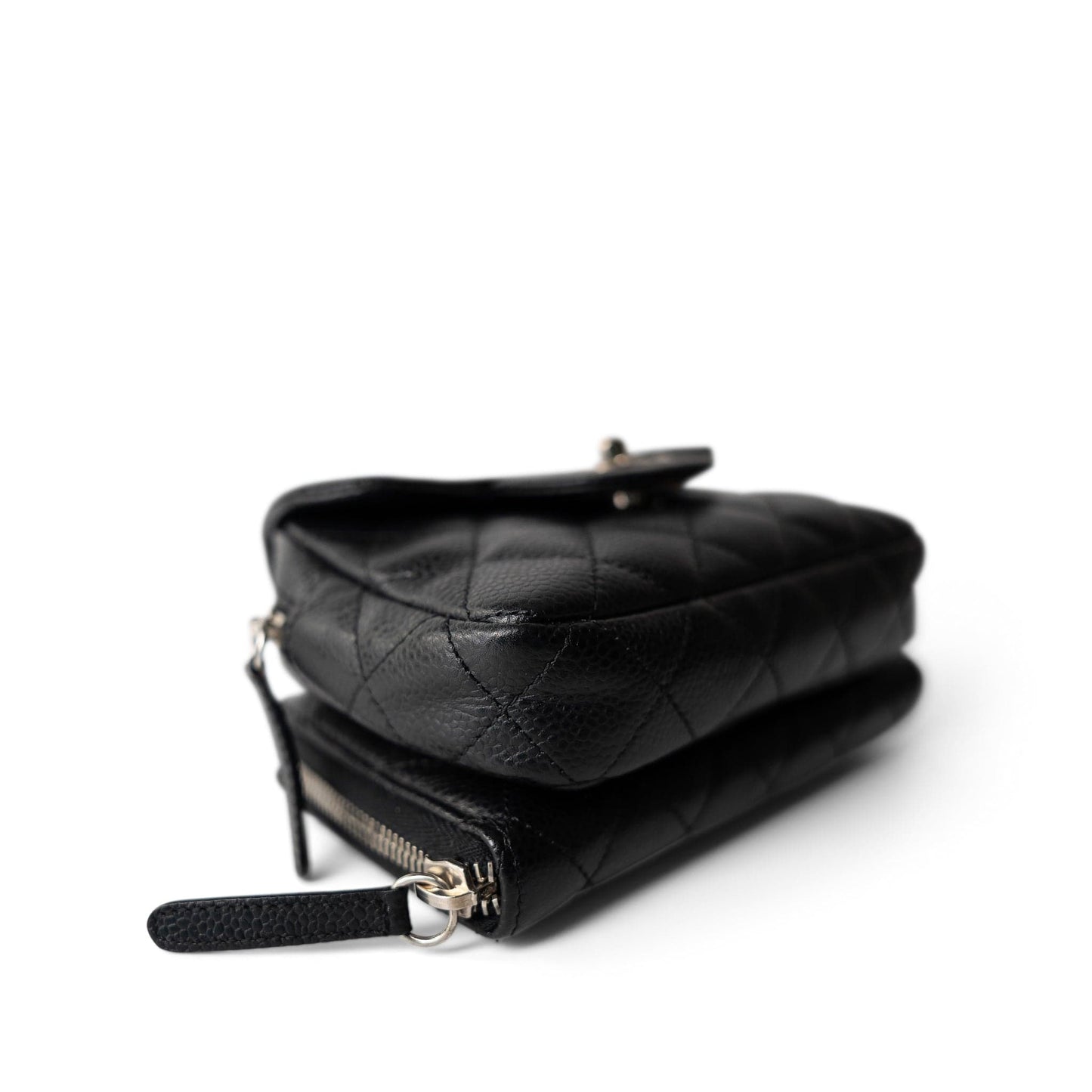 12C Black Caviar Quilted Mini Dual Zipper Case Silver Hardware