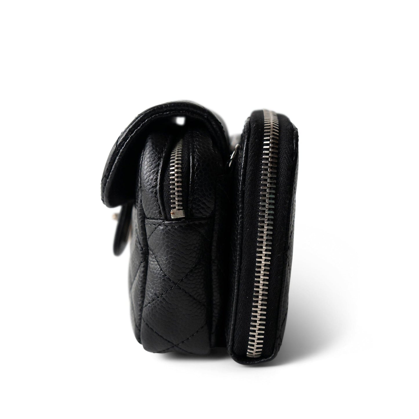 12C Black Caviar Quilted Mini Dual Zipper Case Silver Hardware