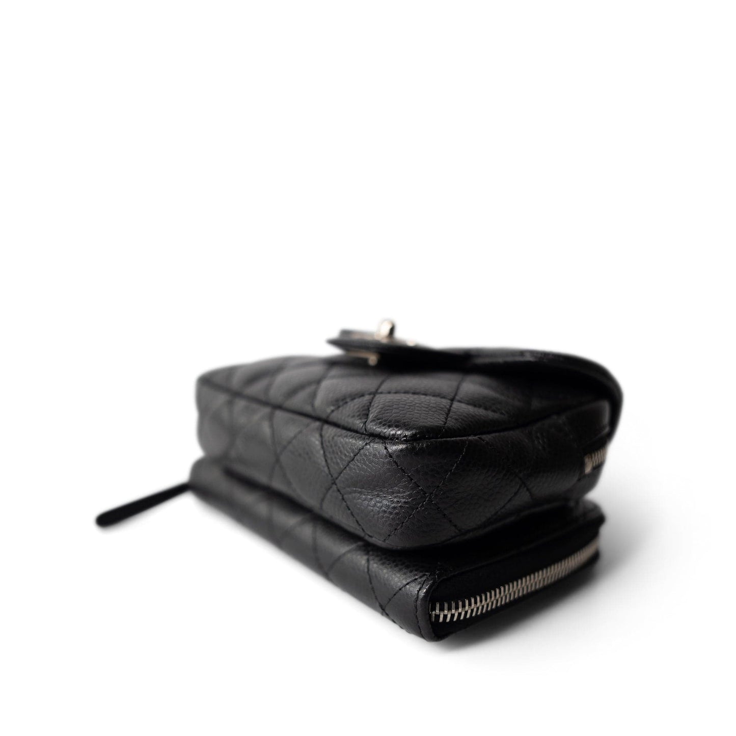 12C Black Caviar Quilted Mini Dual Zipper Case Silver Hardware