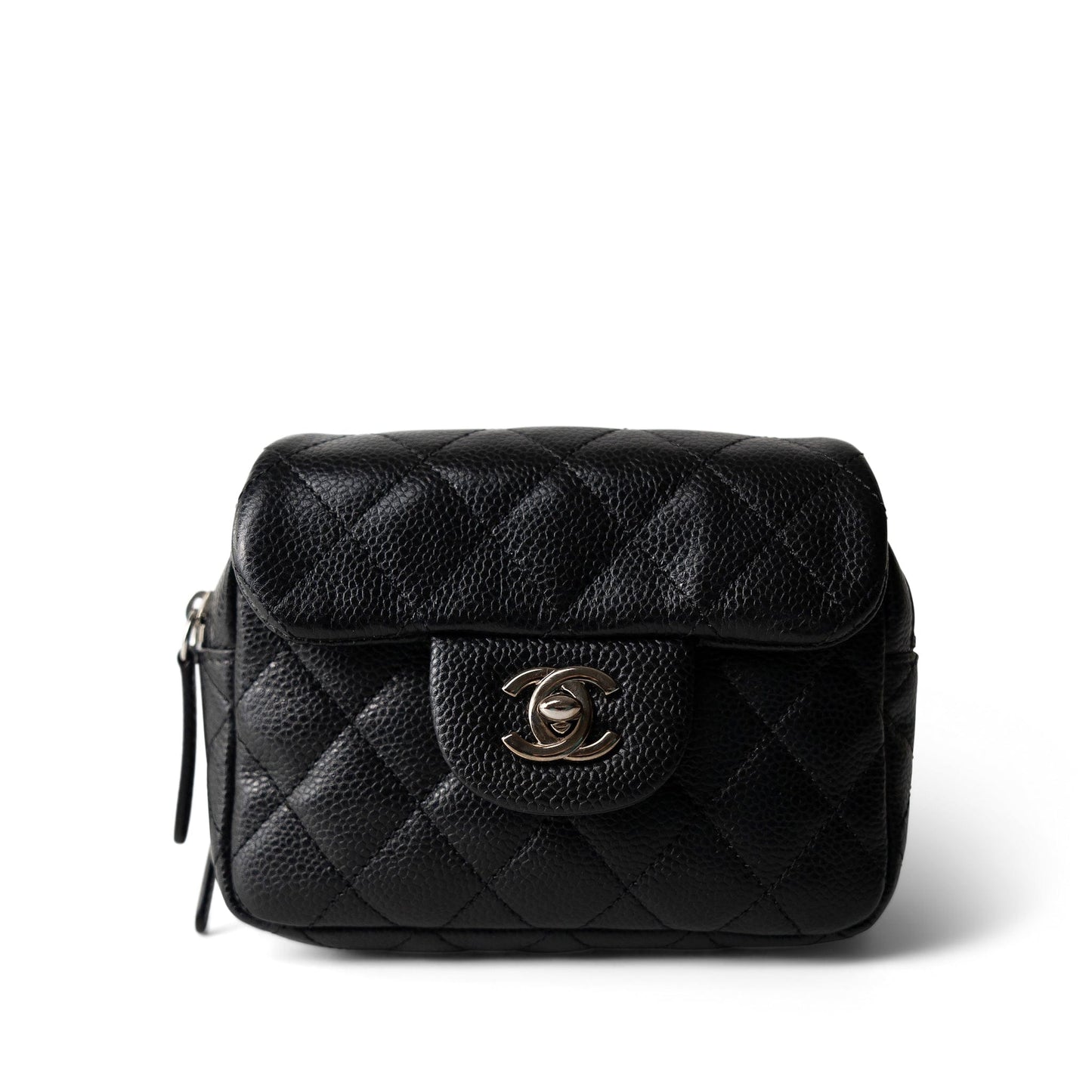 12C Black Caviar Quilted Mini Dual Zipper Case Silver Hardware