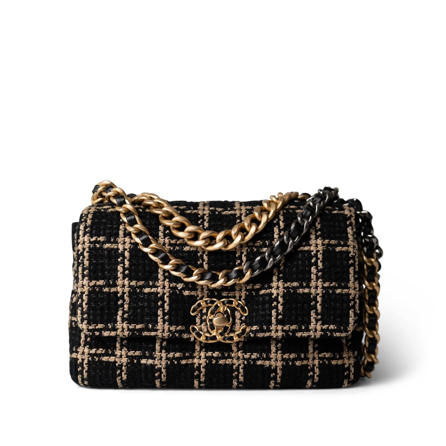 Black and Beige Tweed 19 Flap Small Mixed Hardware