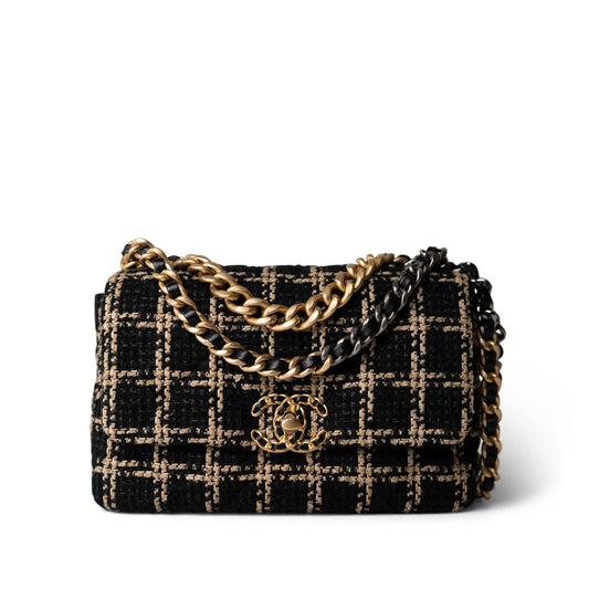 Black and Beige Tweed 19 Flap Small Mixed Hardware