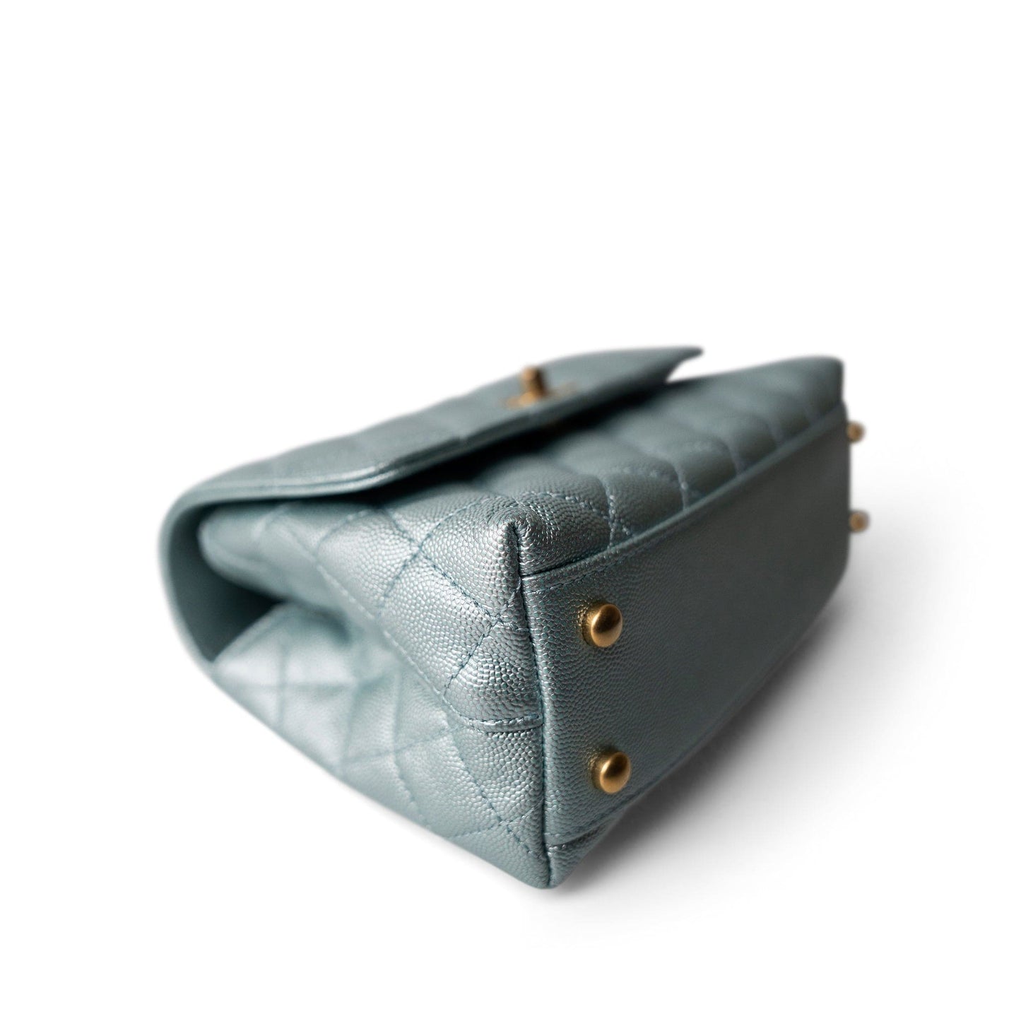 22P Iridescent Light Blue Caviar Quilted Coco Handle Small Aged Gold Hardware