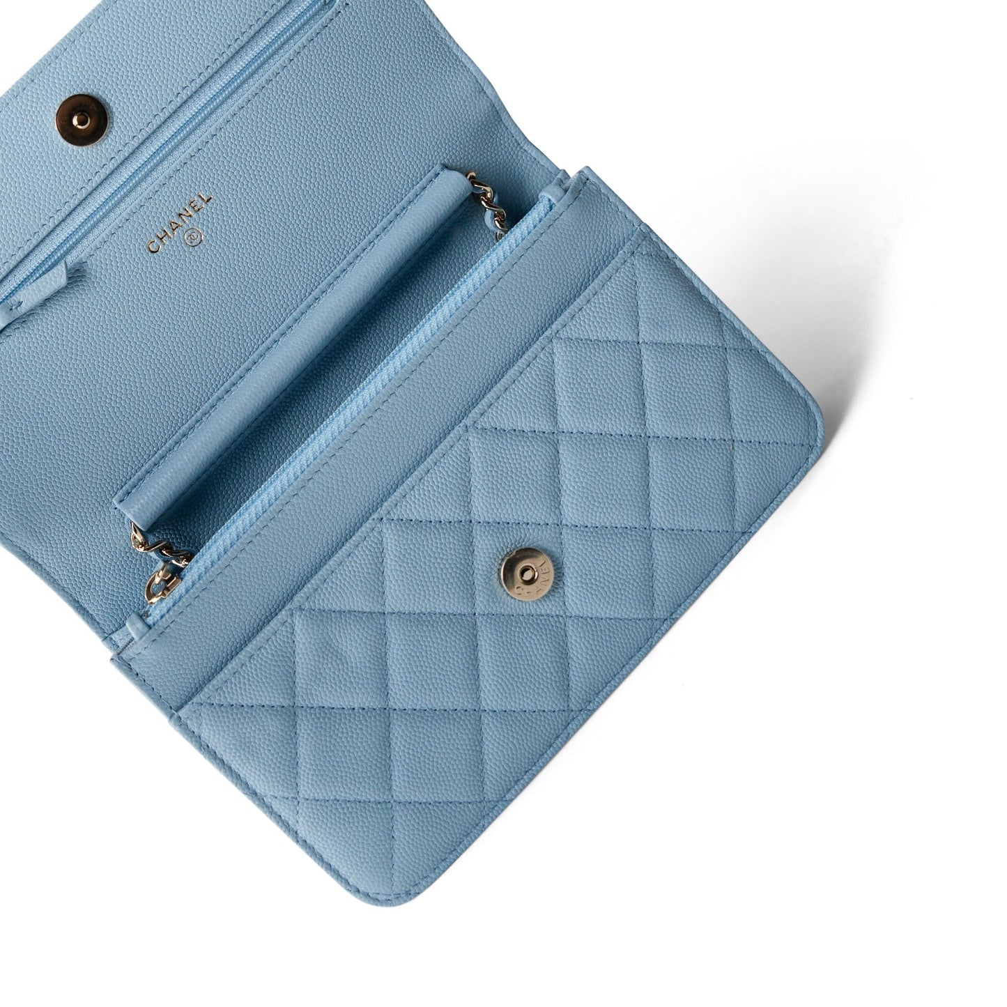 22S Light Blue Caviar Quilted Wallet on Chain