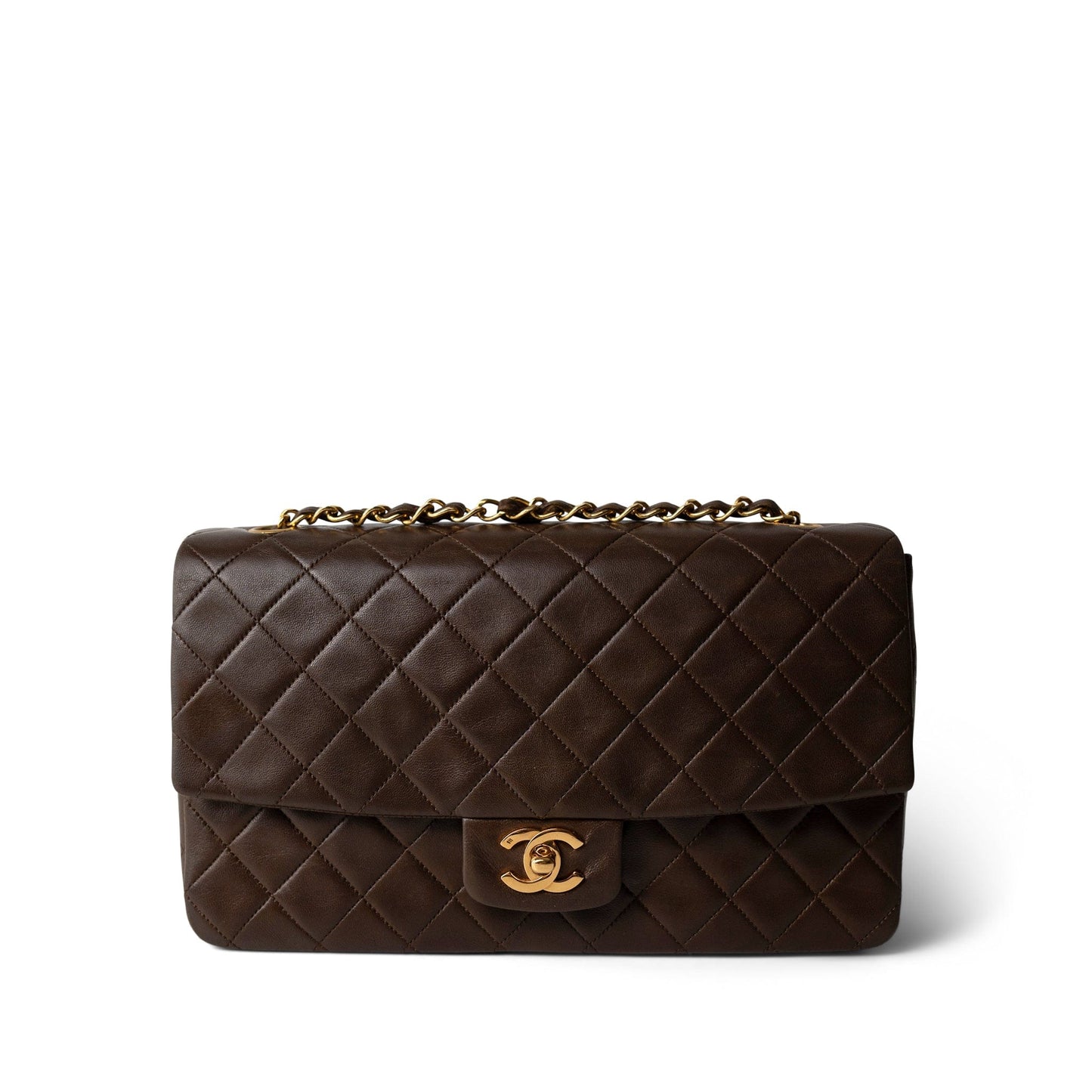 Brown Lambskin Quilted Single Flap Gold Hardware