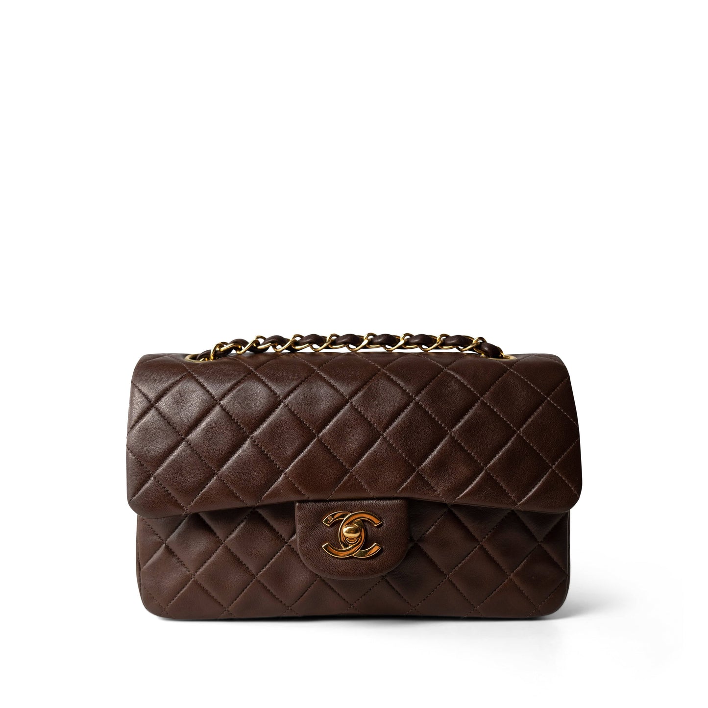 Small Brown Lambskin Quilted Classic Flap Gold Hardware