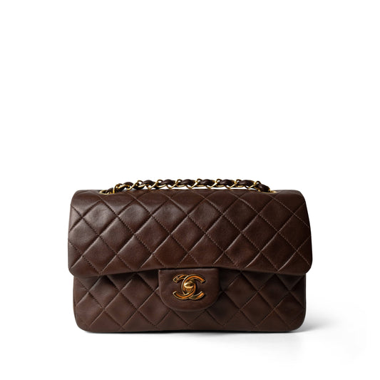 Small Brown Lambskin Quilted Classic Flap Gold Hardware