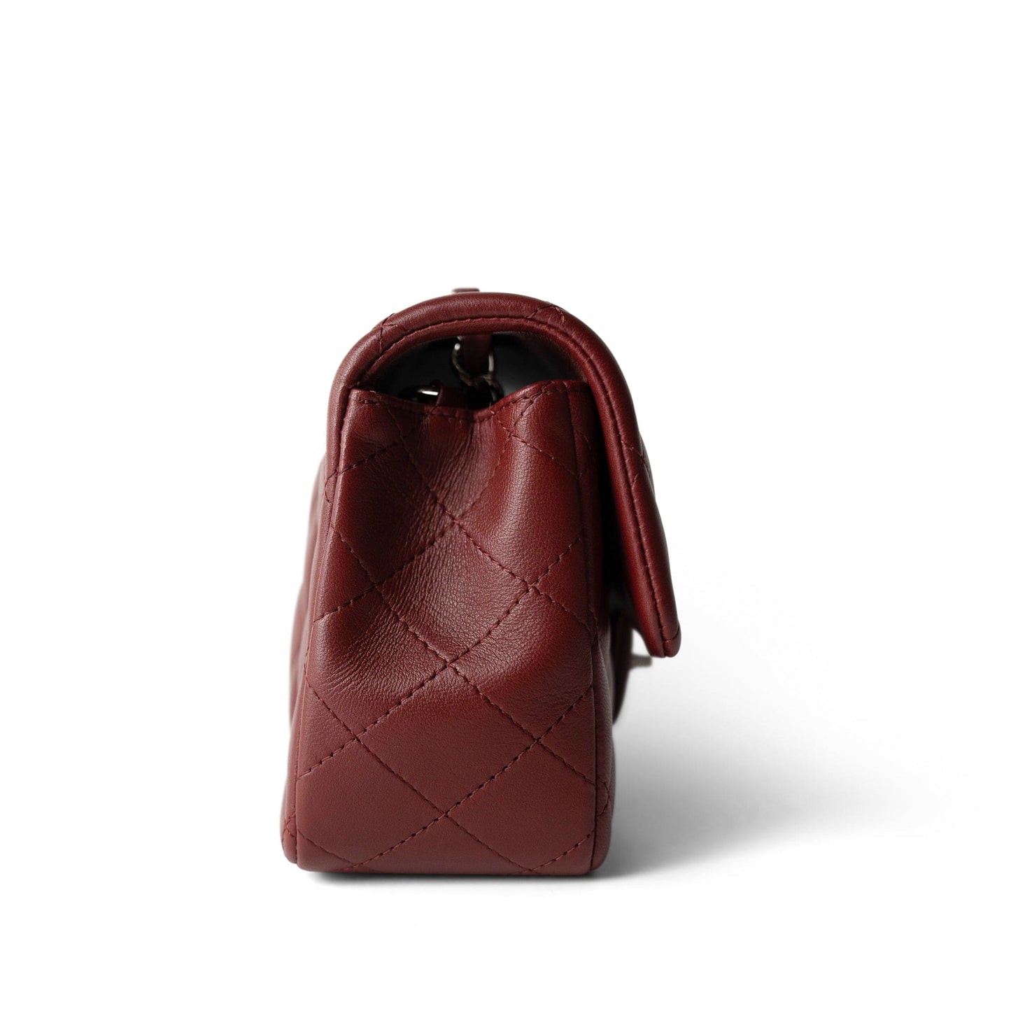 Burgundy Lambskin Quilted Mini Rectangular Flap Silver Hardware