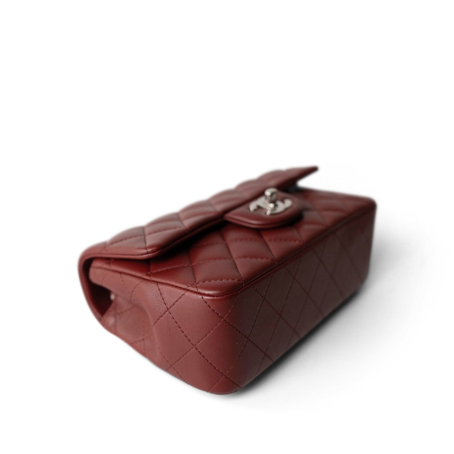 Burgundy Lambskin Quilted Mini Rectangular Flap Silver Hardware