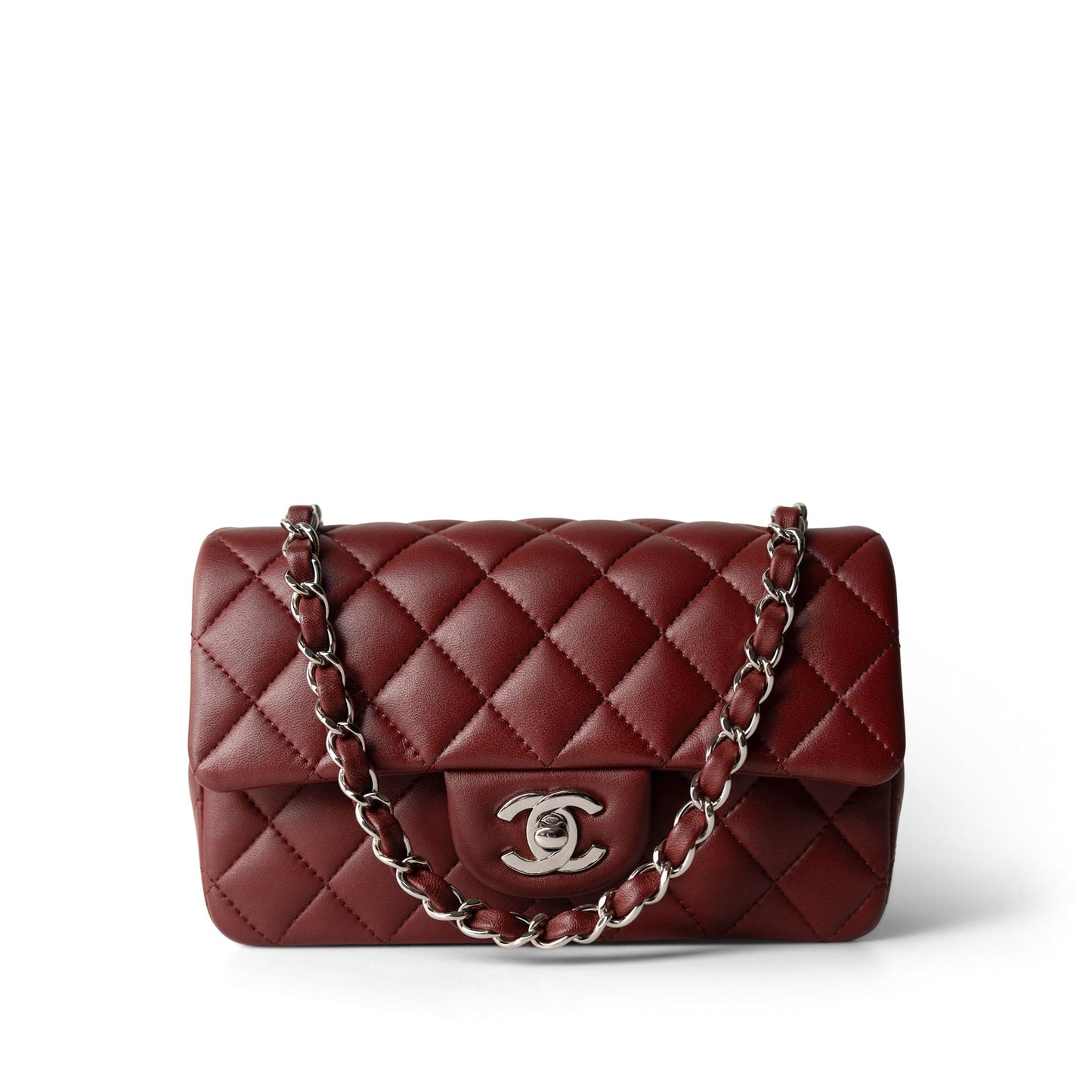 Burgundy Lambskin Quilted Mini Rectangular Flap Silver Hardware