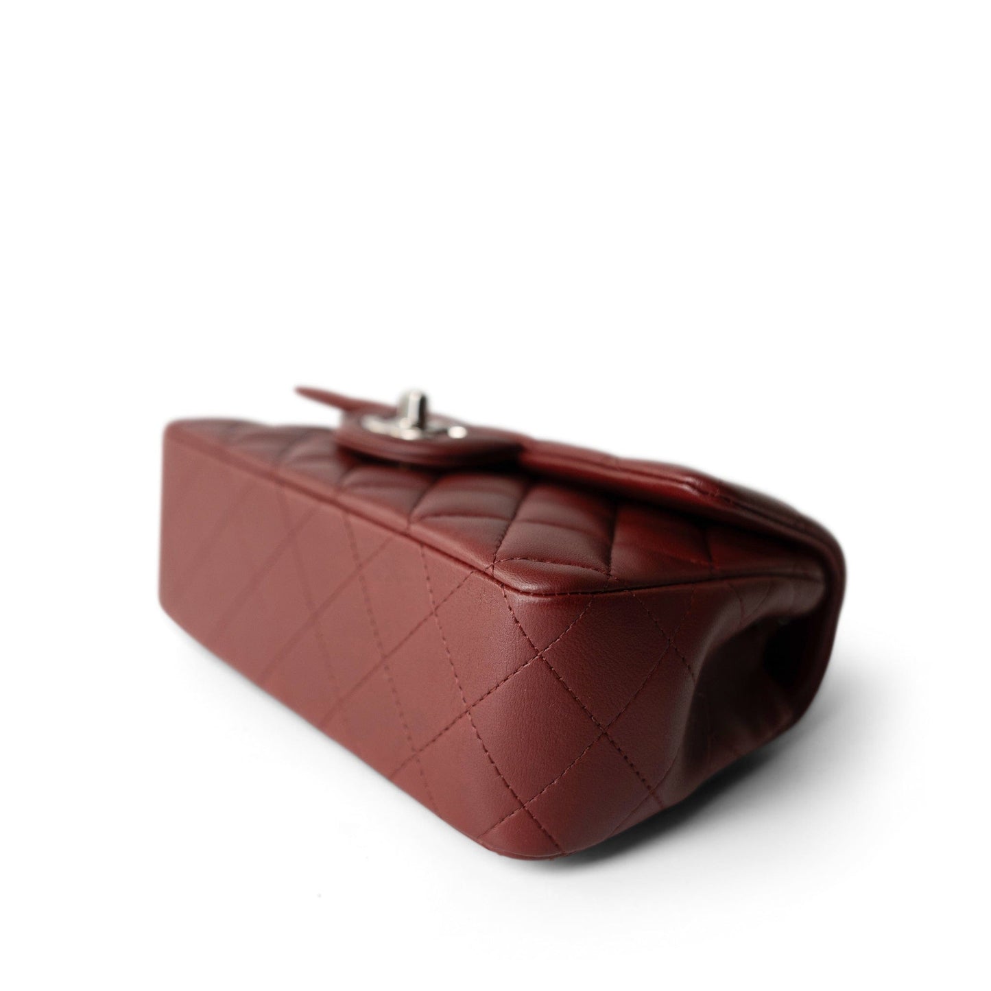 Burgundy Lambskin Quilted Mini Rectangular Flap Silver Hardware