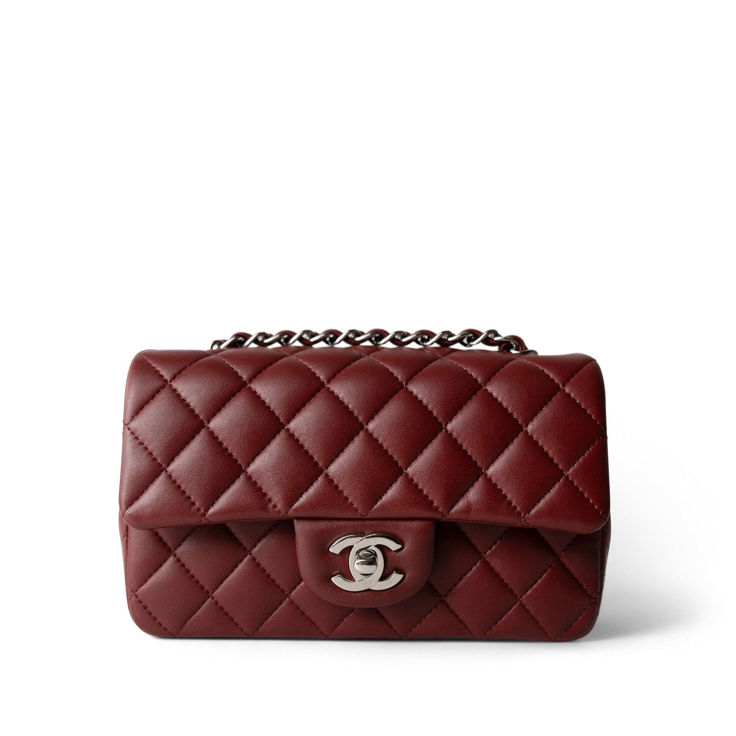 Burgundy Lambskin Quilted Mini Rectangular Flap Silver Hardware